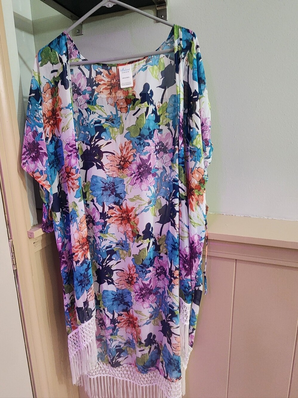 Catalina Womens Sz Xl Fringed Floral Sheer Swim Cover Up Kimono Tie Closure